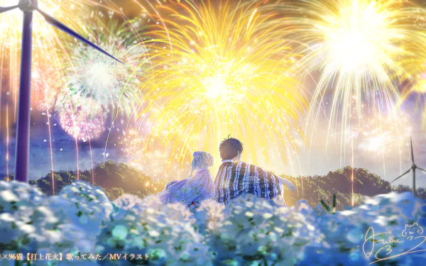 wind turbine night flower yukata fireworks Anime anime night HD Desktop Wallpaper | Background Image