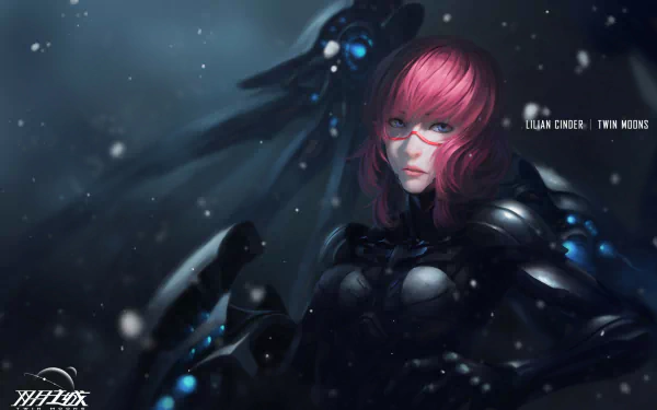 Anime-style original character with pink hair and blue eyes, clad in futuristic black armor, holding a weapon, set against a dark, snowy background with a mechanical figure.