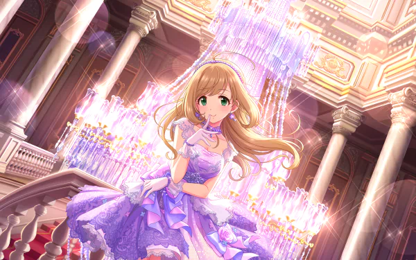 HD PC desktop wallpaper featuring anime character from THE iDOLM@STER: Cinderella Girls Starlight Stage, illustrated by Shin Sato, in an elegant purple dress under a grand chandelier.