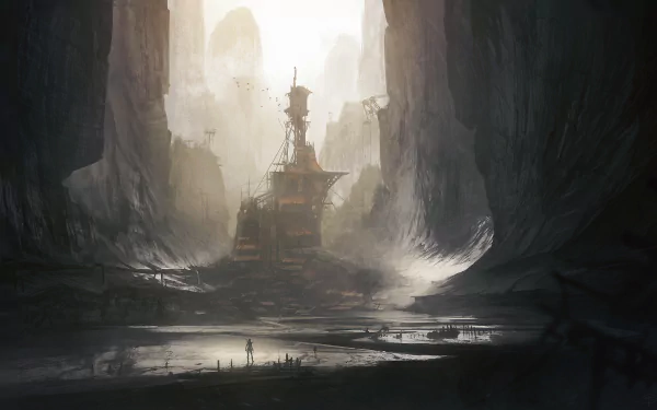 HD desktop wallpaper featuring a mysterious Tomb Raider landscape with towering cliffs and a central ancient structure, set against a dramatic, moody backdrop.