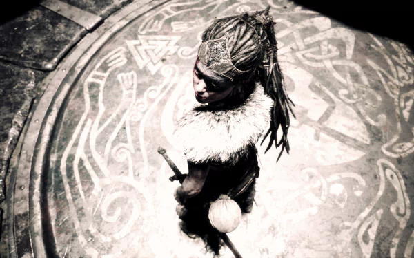 Top-down 5K Ultra HD PC desktop wallpaper of Senua (Hellblade) from the video game Hellblade: Senua's Sacrifice — warrior standing on a carved stone circle clutching a knife.