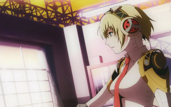 HD PC desktop wallpaper featuring Aigis from the video game Persona 3, showcasing her detailed design in a softly lit industrial setting.