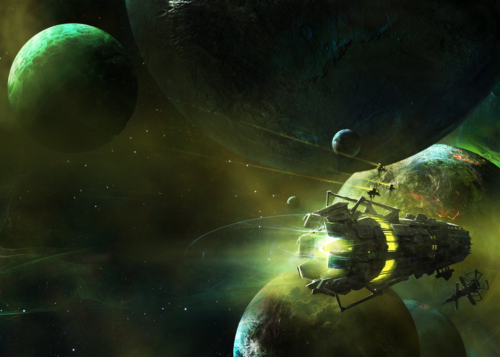 HD sci-fi wallpaper showcasing a spaceship navigating through space with several planets in the background.