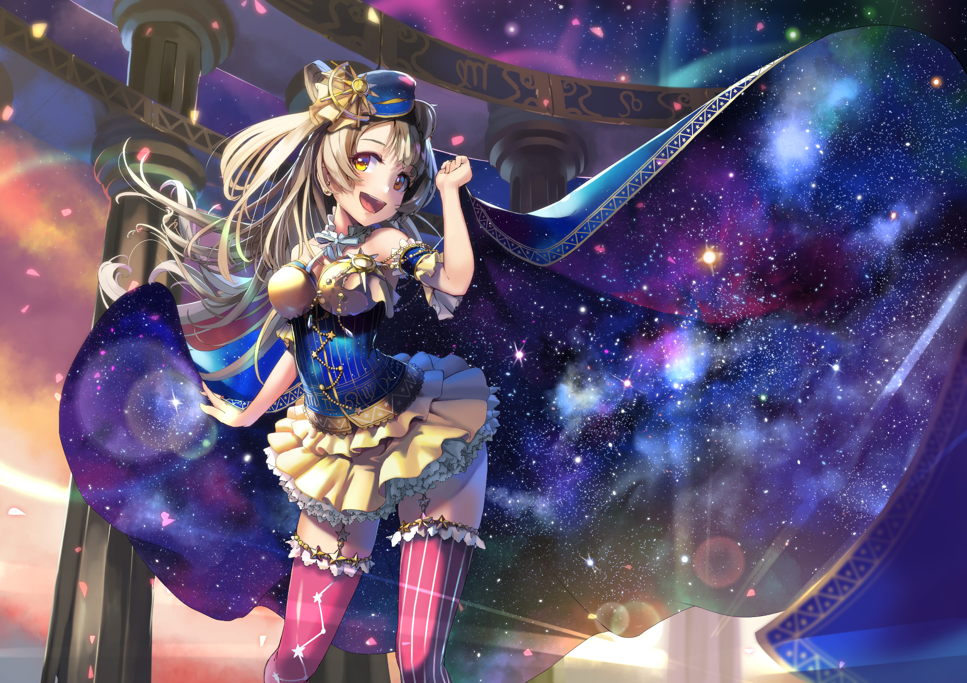 HD PC desktop wallpaper/background of Kotori Minami (Love Live!) — anime-style, in an ornate blue-gold costume with a flowing starry cape against a colorful cosmic stage.