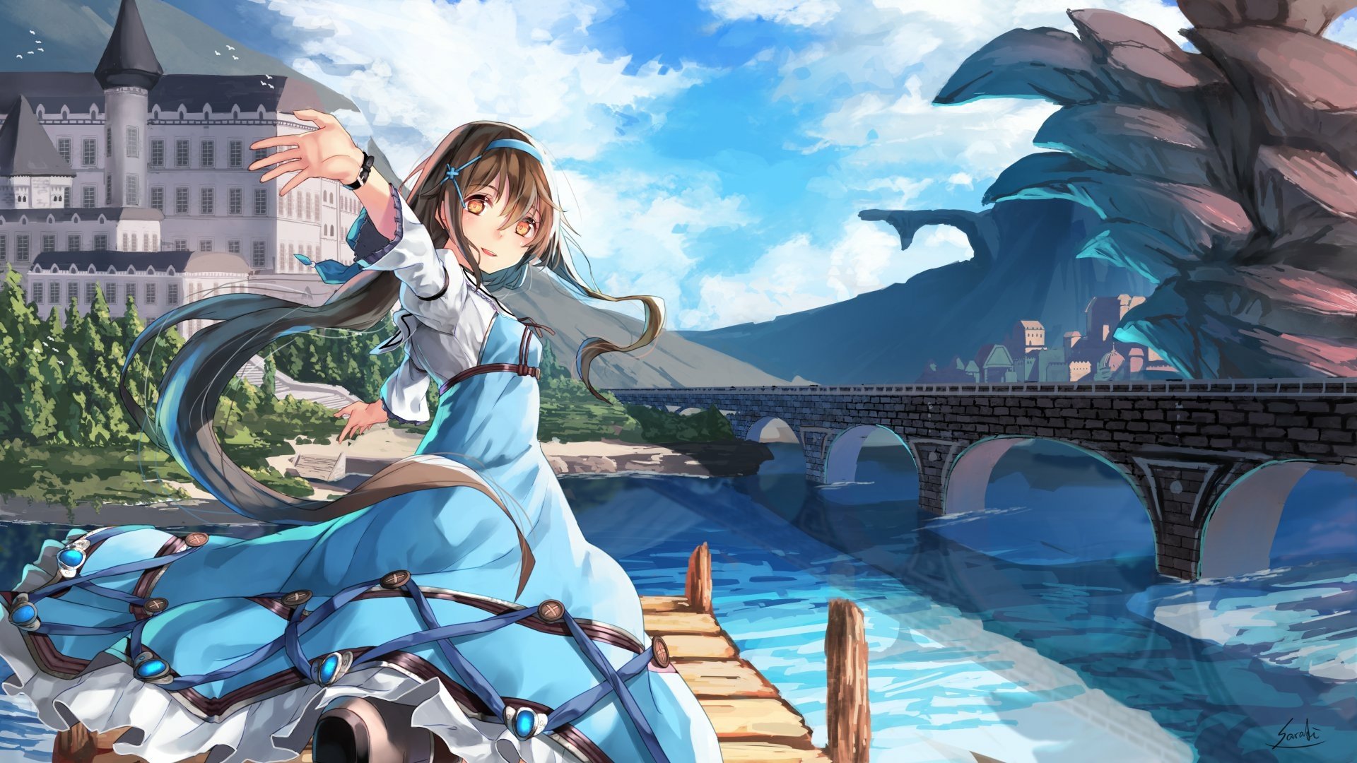 Anime girl with long brown hair, brown eyes, and a blue dress stands on a dock by a river, with a bridge and a castle in the background, under a partly cloudy sky. HD desktop wallpaper background.