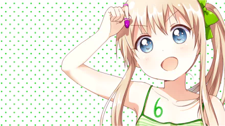 HD PC desktop wallpaper/background of Kyōko Toshinō (YuruYuri): smiling blonde anime girl in green-trimmed tank top against white background with green polka dots.