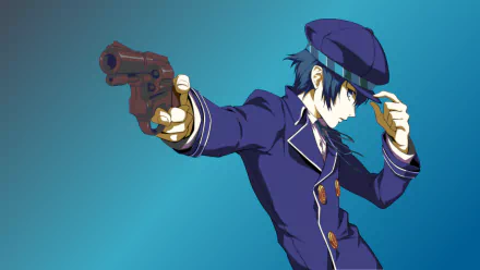 HD PC desktop wallpaper of Naoto Shirogane from the video game Persona 4, depicted in a dynamic pose with a gun against a blue background.