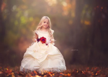 A cute little girl with long blonde hair wears a white dress adorned with a red rose, captured beautifully in this HD desktop wallpaper photography.