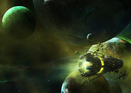 HD sci-fi wallpaper showcasing a spaceship navigating through space with several planets in the background.