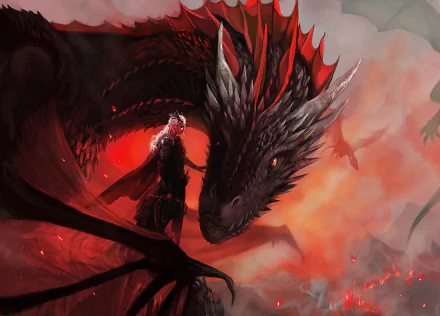 HD desktop wallpaper featuring Daenerys Targaryen in armor with white hair, standing beside a dragon against a fiery background from the TV show Game of Thrones.