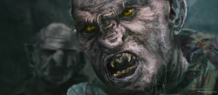 HD PC desktop wallpaper of a snarling fantasy orc face with glowing yellow eyes, gray mottled skin and jagged teeth, a shadowy orc figure blurred in the background.
