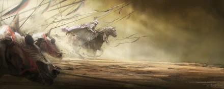 A fantasy warrior in armor charges on horseback through a dusty battlefield, amidst flying spears, creating a dramatic and intense scene. This HD wallpaper captures the essence of a knight in action.