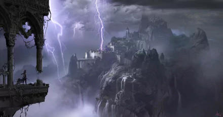 A fantasy HD PC wallpaper depicting a warrior overlooking a misty landscape with waterfalls, a castle, stormy sky, lightning, and swirling clouds in the distance.
