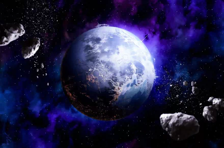 HD sci-fi desktop wallpaper depicting a detailed planetscape with a glowing planet, meteor fragments, and a vibrant galaxy backdrop in deep blues and purples.