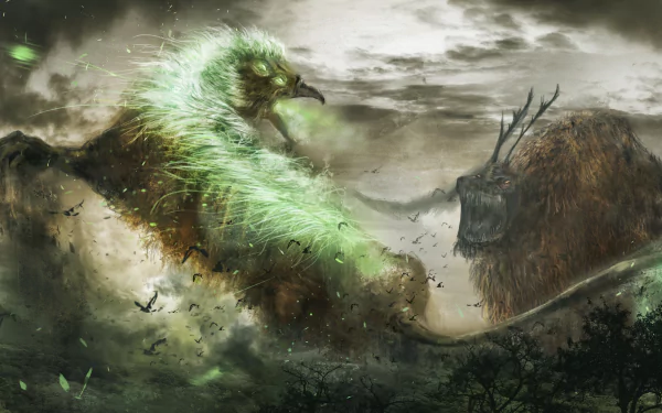 4K Ultra HD PC desktop wallpaper background: epic fantasy fight as a glowing giant birdlike creature battles a horned mammoth beast amid stormy skies.