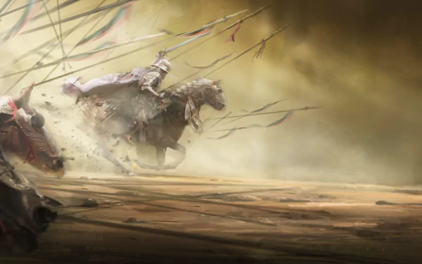 A fantasy warrior in armor charges on horseback through a dusty battlefield, amidst flying spears, creating a dramatic and intense scene. This HD wallpaper captures the essence of a knight in action.