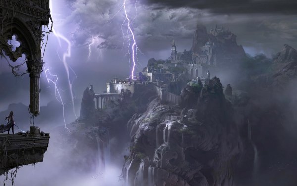 Fantasy Landscape Lightning Castle Fog Cloud Sky Warrior Waterfall HD Wallpaper | Background Image