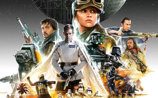 A high-definition desktop wallpaper featuring characters from Rogue One: A Star Wars Story, including K-2SO, Jyn Erso, Chirrut Îmwe, Cassian Andor, Bodhi Rook, Baze Malbus, stormtroopers, and an AT-AT Walker.