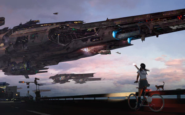 Anime-style HD wallpaper featuring a girl on a bicycle with a cat, pointing at large sci-fi spaceships and aircraft flying above at twilight.