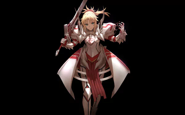 HD desktop wallpaper featuring Mordred, also known as Saber of Red from Fate/Apocrypha. The anime character is shown in full armor, holding a sword and posing against a black background.