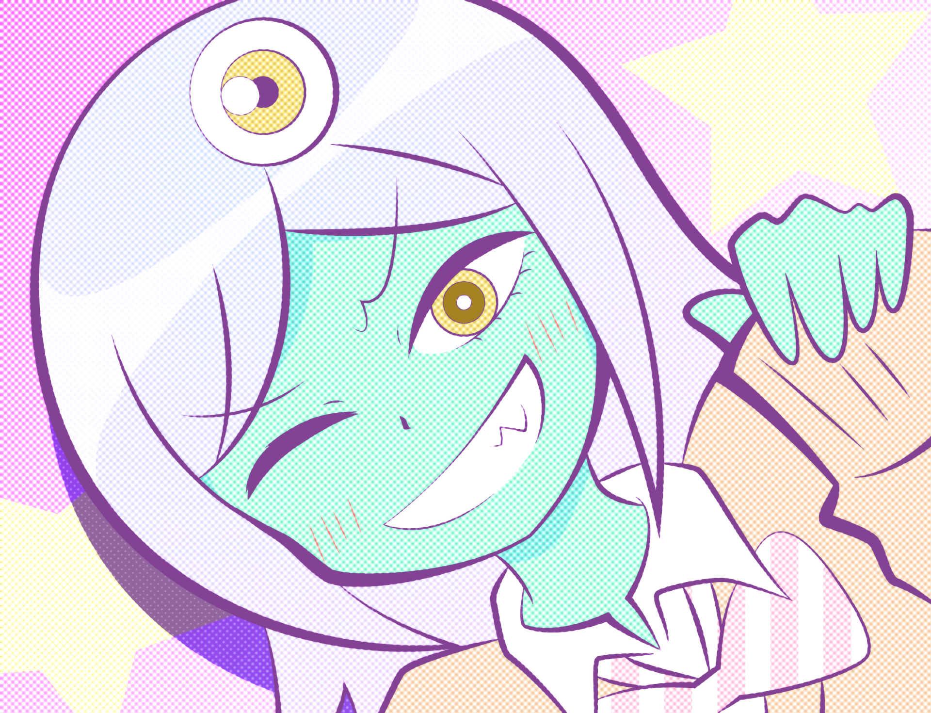 HD anime wallpaper of a winking character from Space Patrol Luluco with light purple hair, blue skin, sharp teeth, and a cheerful expression.