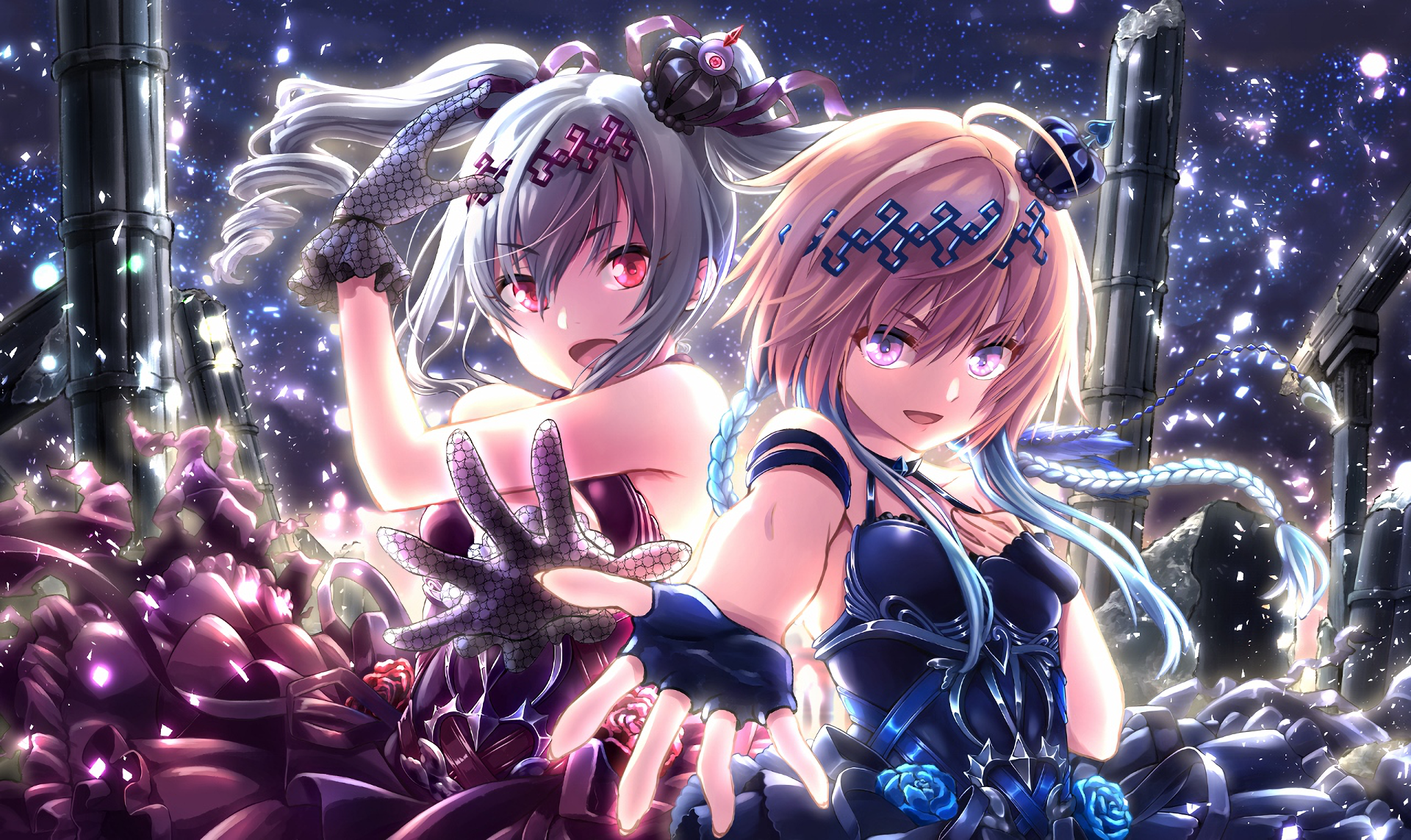 HD anime desktop wallpaper featuring two characters from The iDOLM@STER Cinderella Girls in dynamic poses with a sparkling, futuristic background.