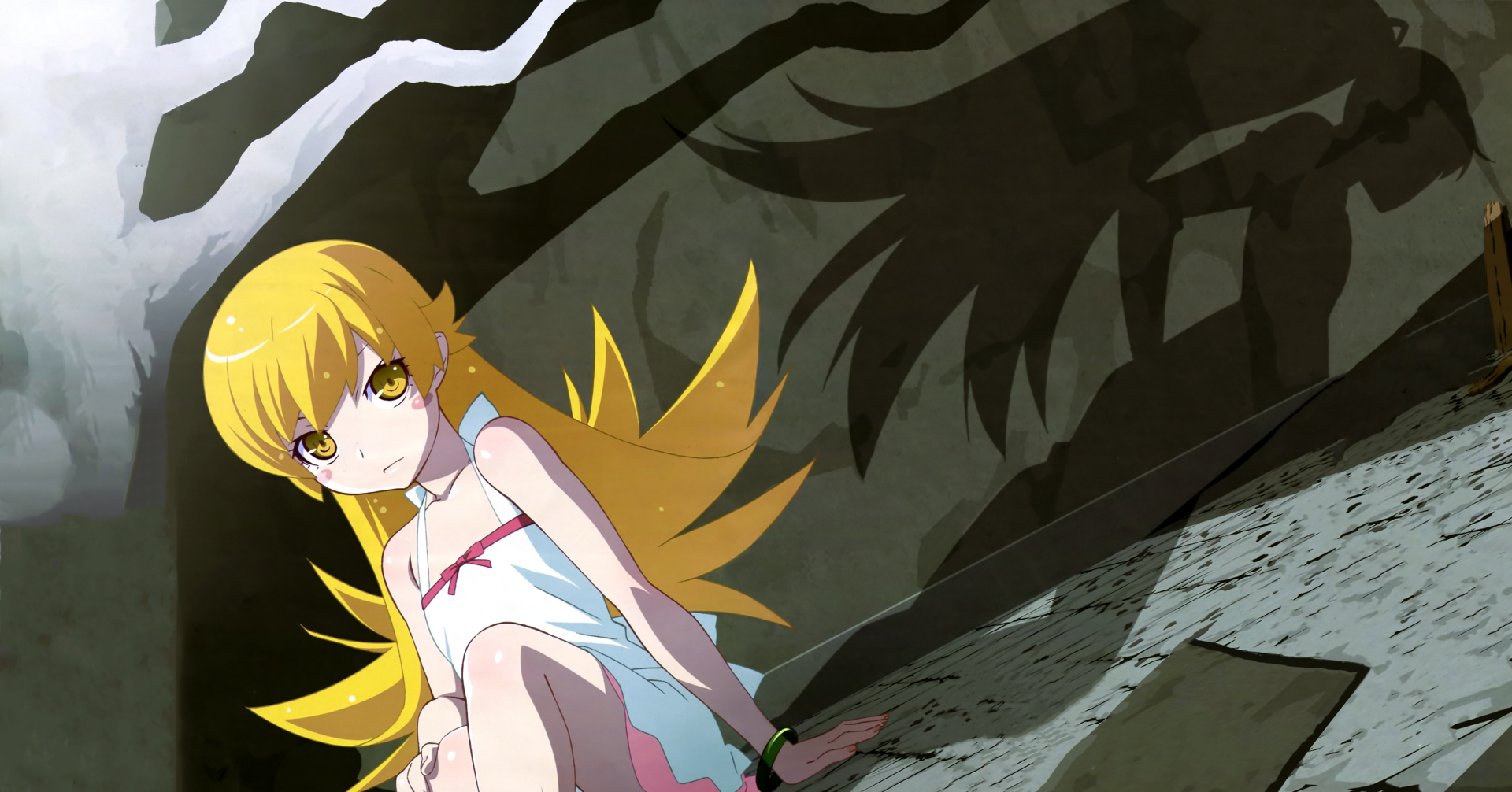 Kiss-shot Acerola-orion Heart-under-blade, known as Shinobu Oshino from Monogatari series, with long blonde hair and yellow eyes, featured in a 4K Ultra HD anime wallpaper.