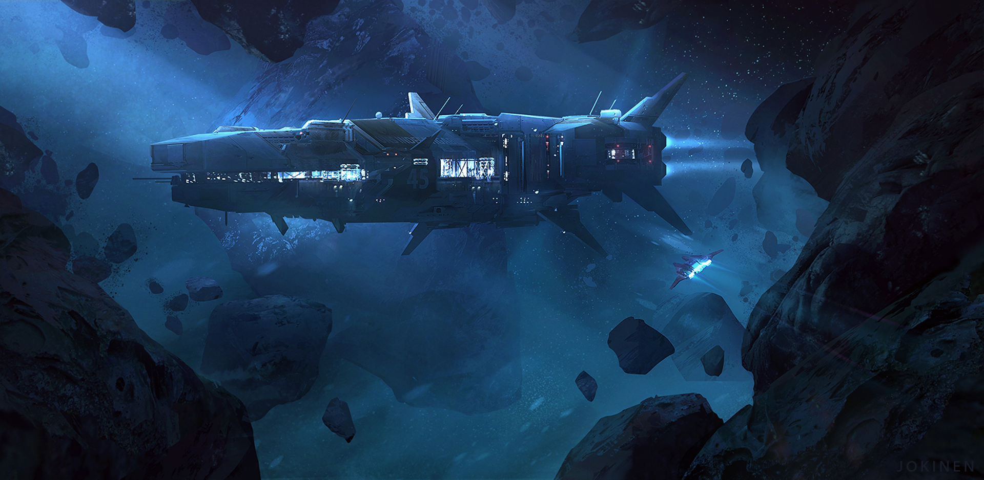 HD sci-fi desktop wallpaper showing a spaceship navigating through a meteor-filled asteroid field in deep space.