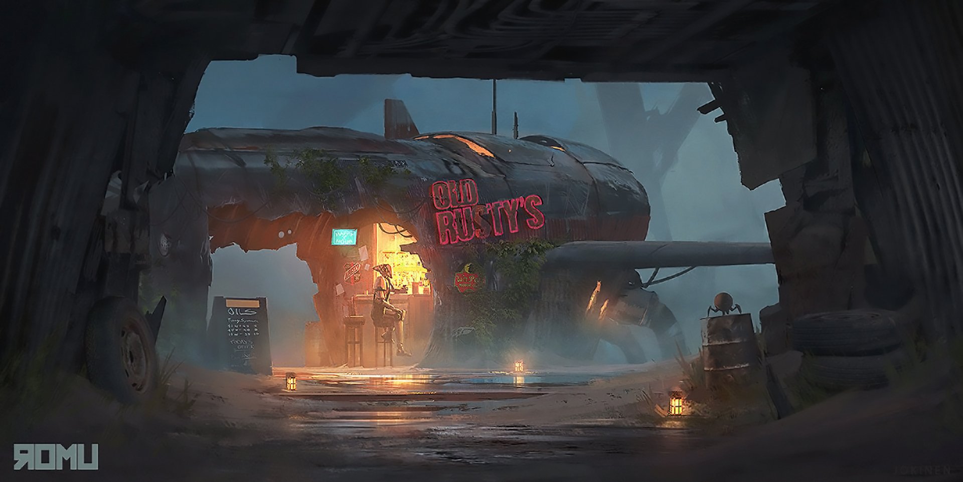 HD sci-fi desktop wallpaper featuring a neon-lit bar building named Old Butts shrouded in mist under a dark, futuristic sky.