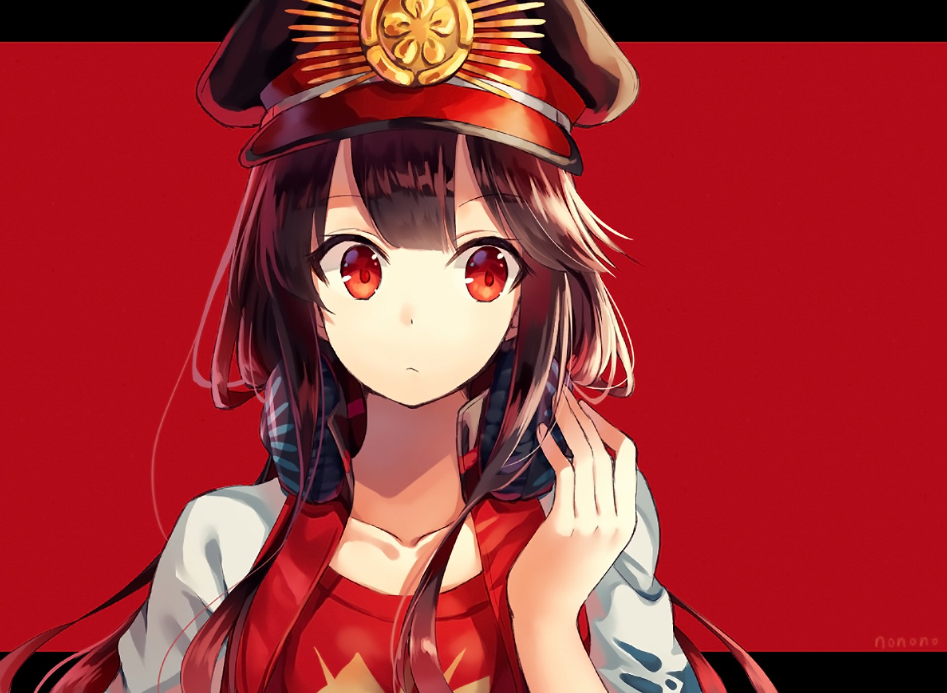 HD PC desktop wallpaper of Oda Nobukatsu from Fate/Grand Order, featuring vibrant anime art with red tones and detailed character design.
