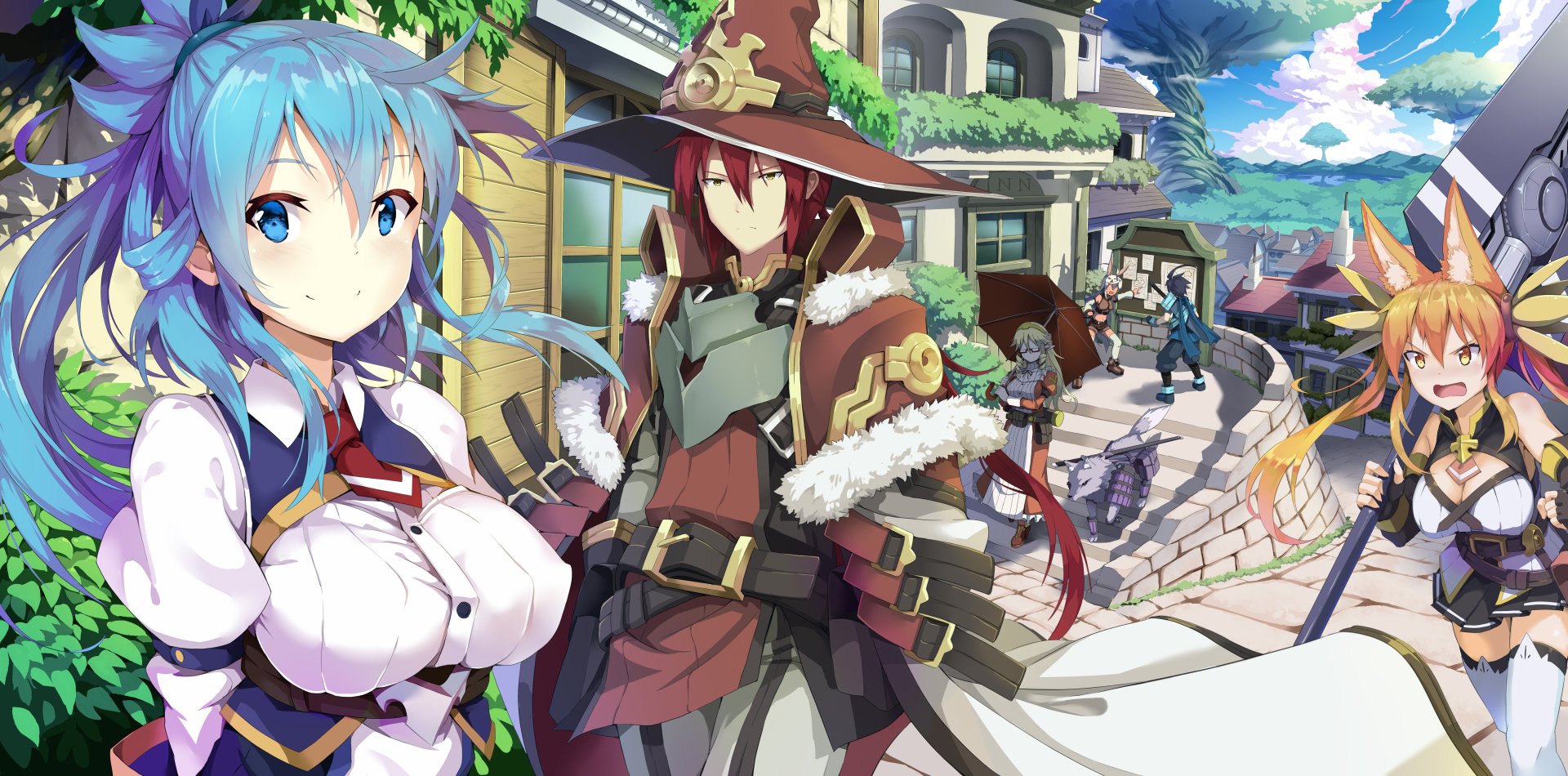 HD anime desktop wallpaper featuring original characters in a vibrant medieval town setting, with a mage in a hat and a blue-haired girl in the foreground.