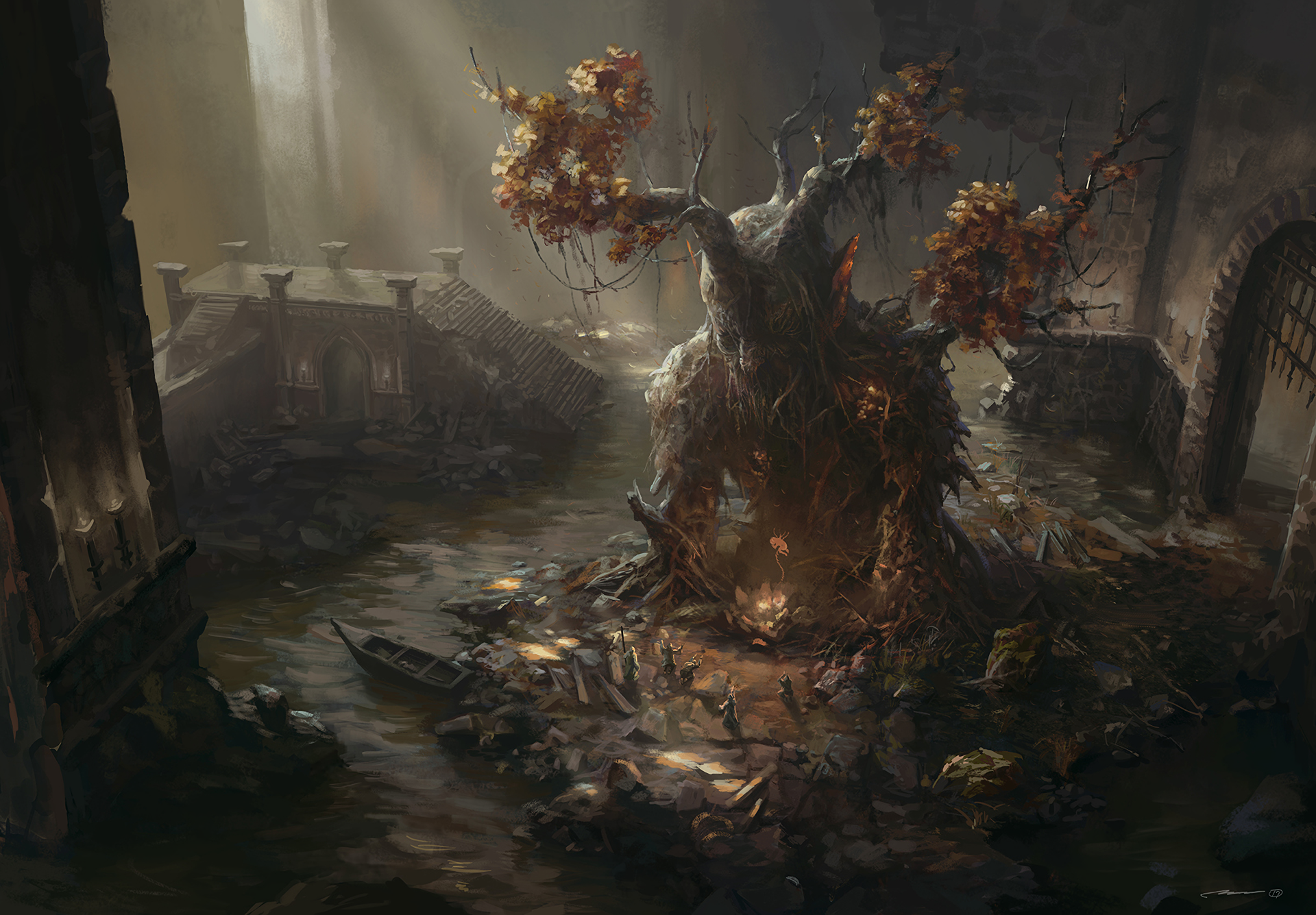HD wallpaper featuring a mystical, tree-like creature emerging from ancient ruins, surrounded by fallen leaves and low light, creating a fantastical, atmospheric scene.