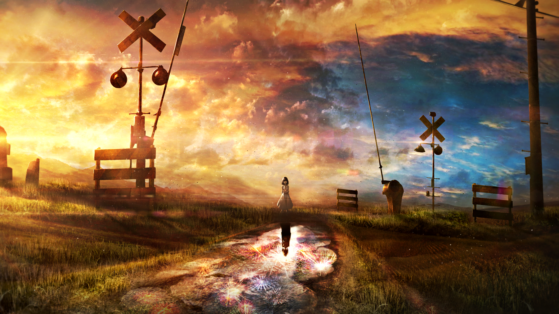 Anime-style HD wallpaper of ALYS (Vocaloid) in a dress, standing under a sunset sky with clouds, fireworks, and a reflective path. The scene features railroad crossings and a vibrant, colorful sky.