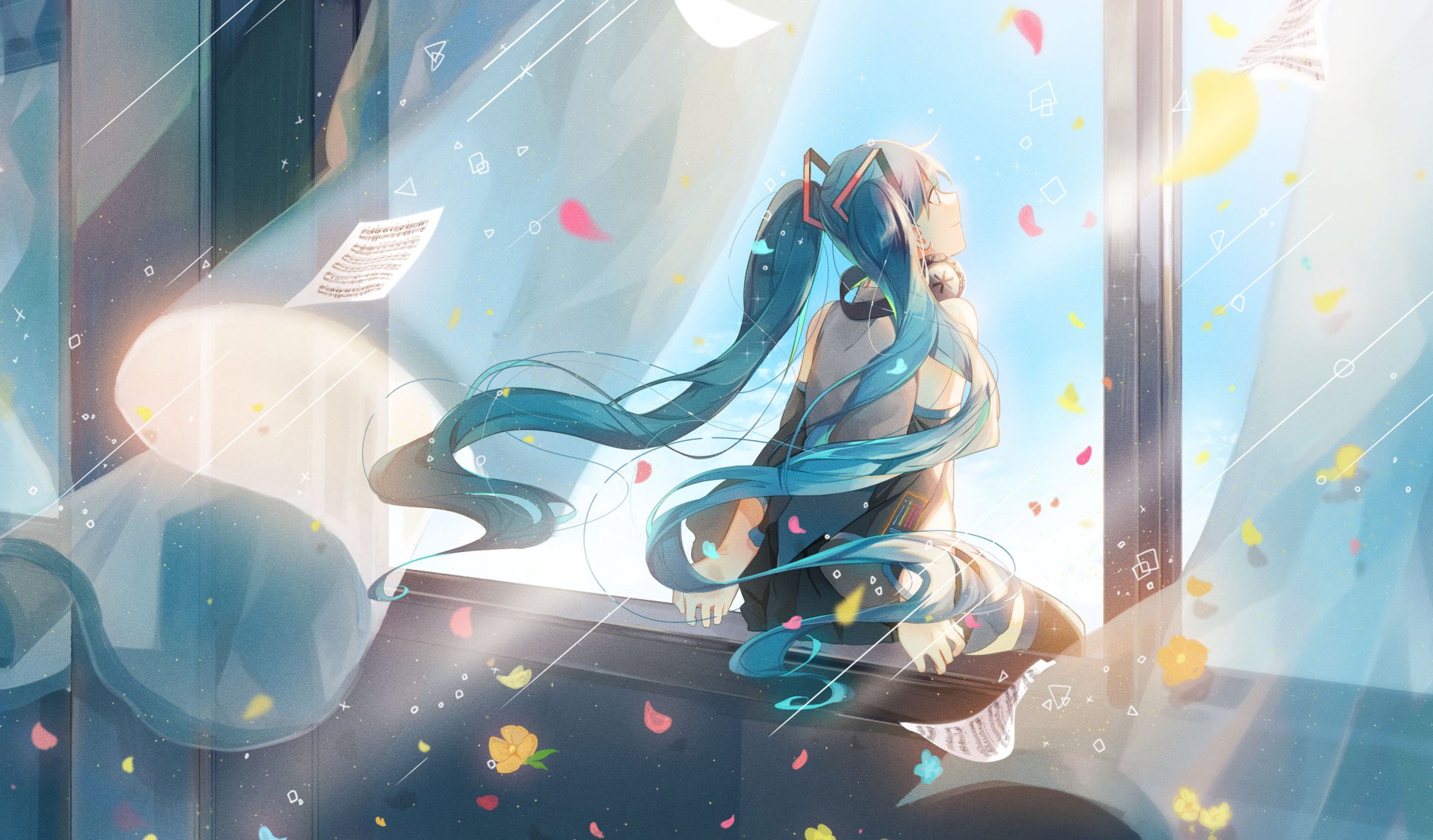 HD PC desktop wallpaper featuring Hatsune Miku, the iconic anime Vocaloid, with flowing teal hair and headphones, surrounded by colorful petals in a bright, airy room.