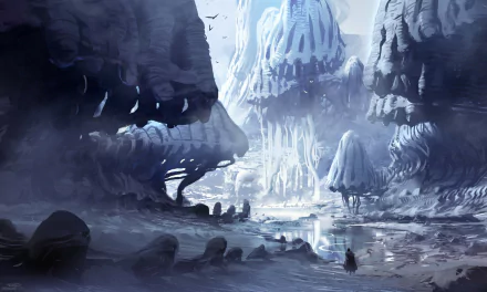 A stunning fantasy landscape featuring towering icy formations and a serene waterway, creating an otherworldly atmosphere for a captivating HD PC desktop wallpaper.