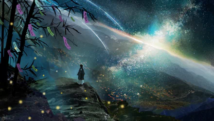 Anime-style HD desktop wallpaper featuring a lone figure under a tree at night, with vibrant stars, a glowing galaxy, and a bright comet streaking across the sky.