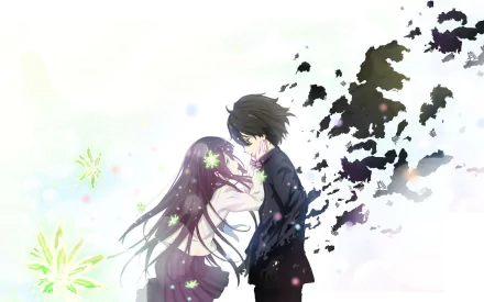 A captivating HD wallpaper featuring anime characters Hōtarō Oreki and Eru Chitanda from Hyouka, with a vibrant, artistic background.
