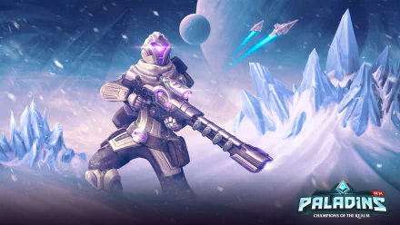 HD PC desktop wallpaper featuring Kinessa from the video game Paladins, set in an icy, futuristic landscape with planets and spacecraft in the background.