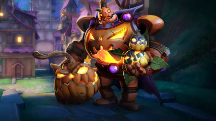 HD PC desktop wallpaper featuring Bomb King from Paladins, showcasing a festive Halloween-themed design with glowing pumpkins and vibrant, detailed graphics.
