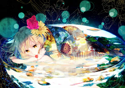 Anime-style HD desktop wallpaper featuring a blonde character in Japanese clothes adorned with flowers, reflected softly in water with glowing orbs and intricate patterns.