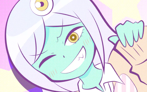 HD anime wallpaper of a winking character from Space Patrol Luluco with light purple hair, blue skin, sharp teeth, and a cheerful expression.