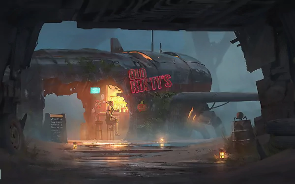 bar neon sign Sci Fi building HD Desktop Wallpaper | Background Image
