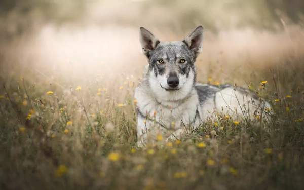 A wolfdog with intense eyes stares directly, lying in a field of wildflowers with soft depth of field, captured in 4K Ultra HD for a PC desktop wallpaper.