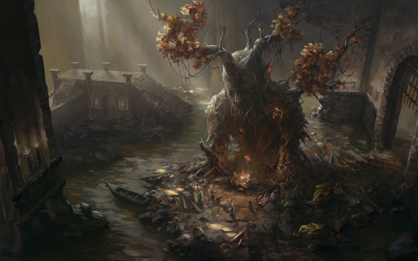 Fantasy Creature Ruin Tree HD Wallpaper | Background Image