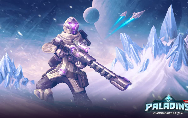 HD PC desktop wallpaper featuring Kinessa from the video game Paladins, set in an icy, futuristic landscape with planets and spacecraft in the background.