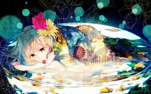Anime Original Reflection Water Flower Blonde Japanese Clothes HD Wallpaper | Background Image