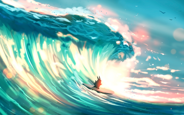 Fantasy Animal Fantasy Animals Bunny Wave Surfboard Surfing HD Wallpaper | Background Image