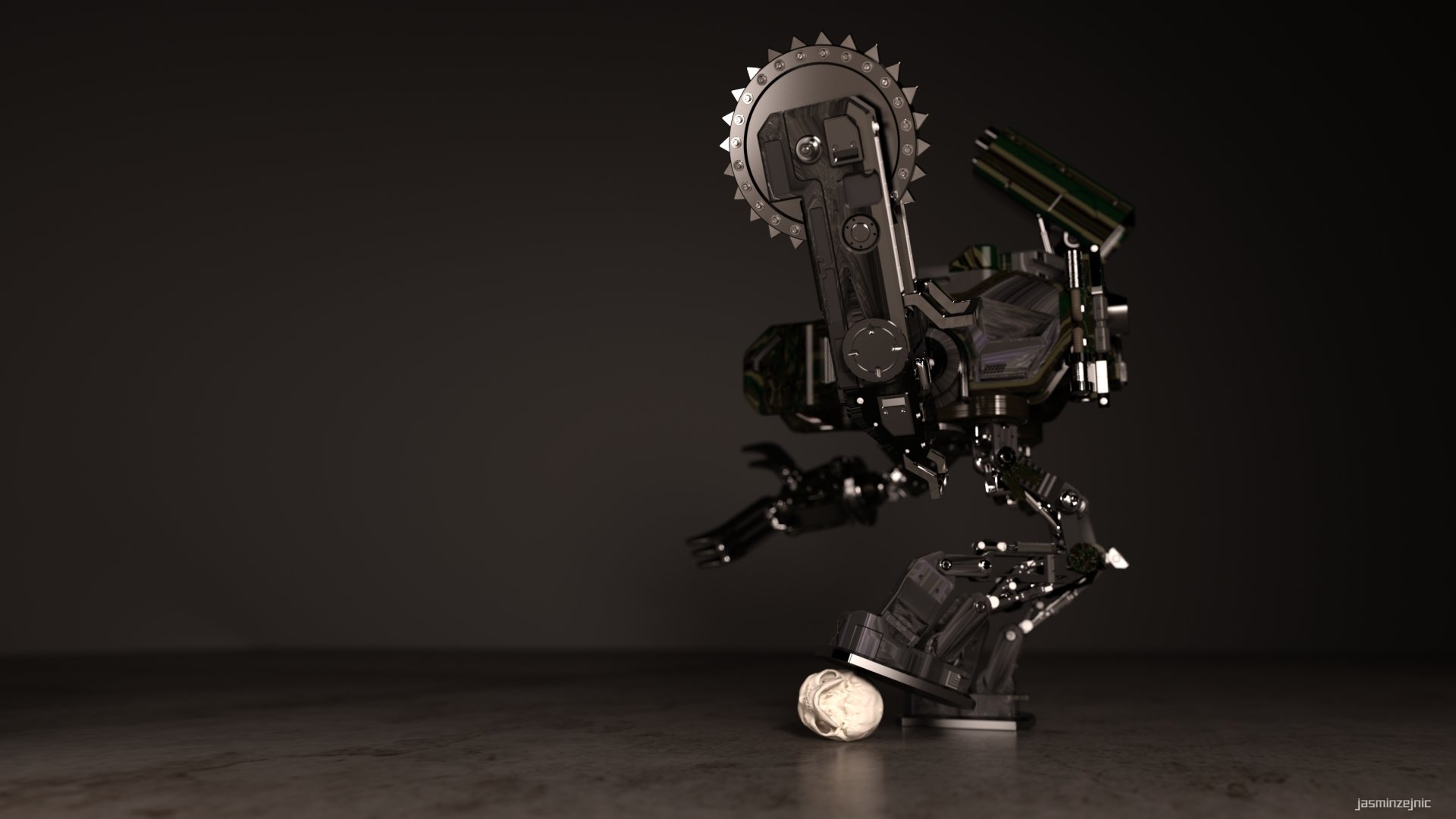 3D CGI high-tech robotic skull with mechanical limbs set against a dark background, featuring sci-fi elements in an HD PC desktop wallpaper style.