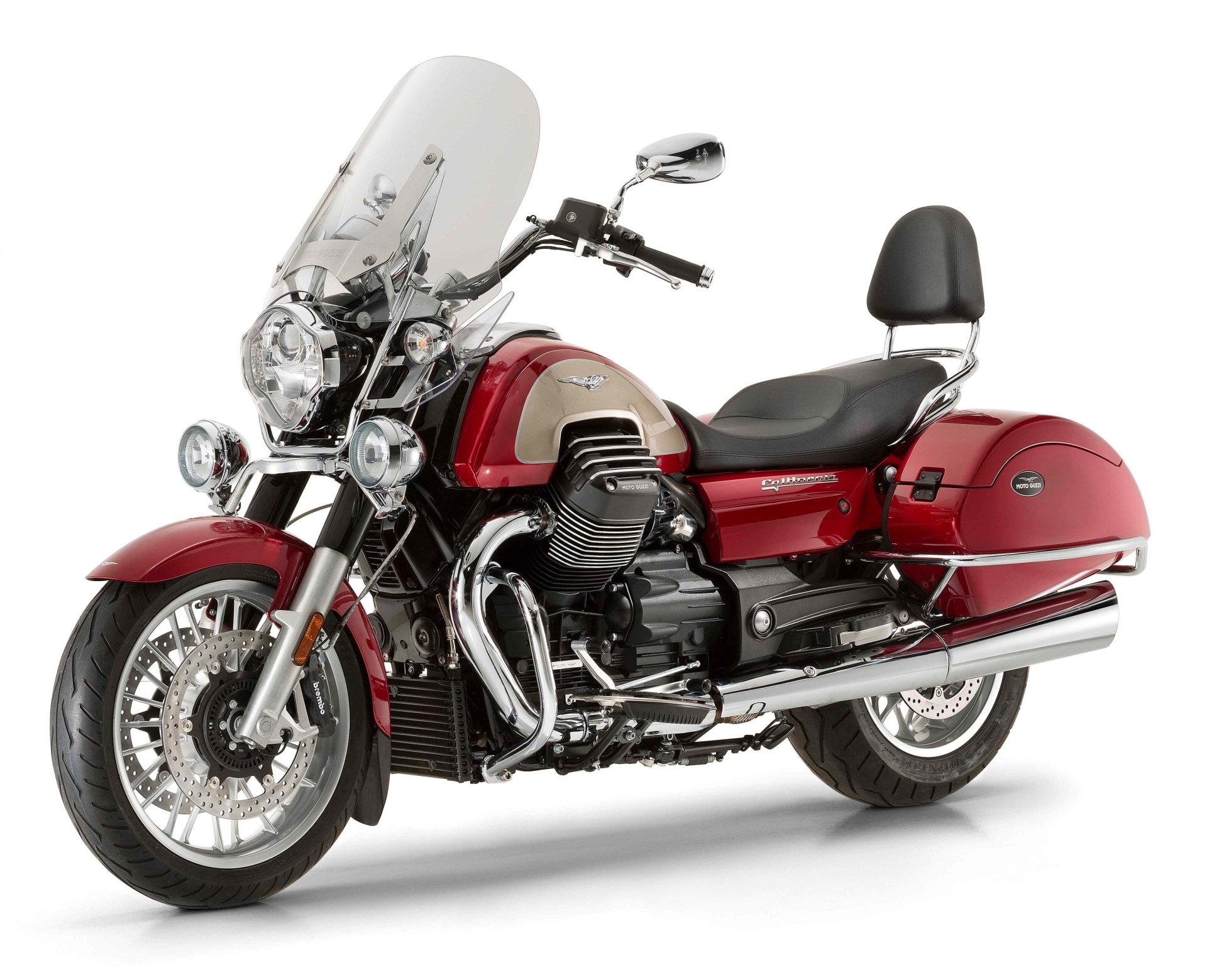 HD desktop wallpaper featuring a red Moto Guzzi California motorcycle with a windshield and saddlebags against a white background.