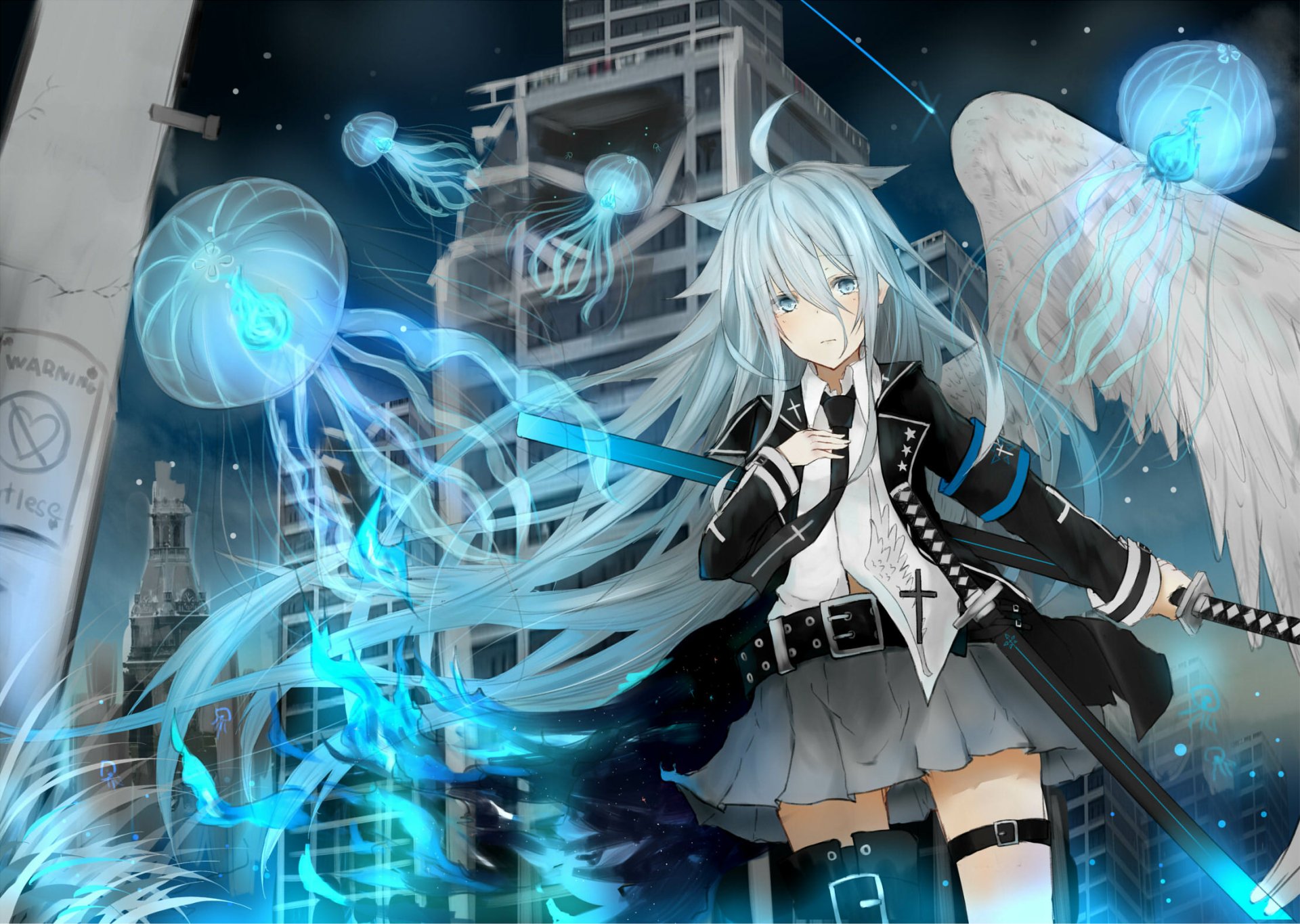 A striking anime character with white hair and blue eyes brandishes a katana amidst glowing jellyfish and ethereal wings, set against a futuristic backdrop. Original HD wallpaper art.